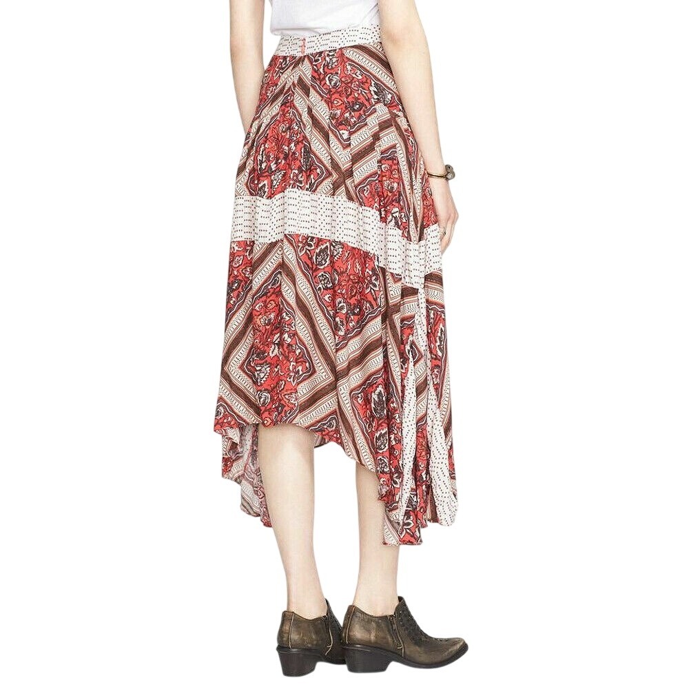 Free People Printed Paradise Handkerchief Midi Skirt Red Boho Paisley Size 4